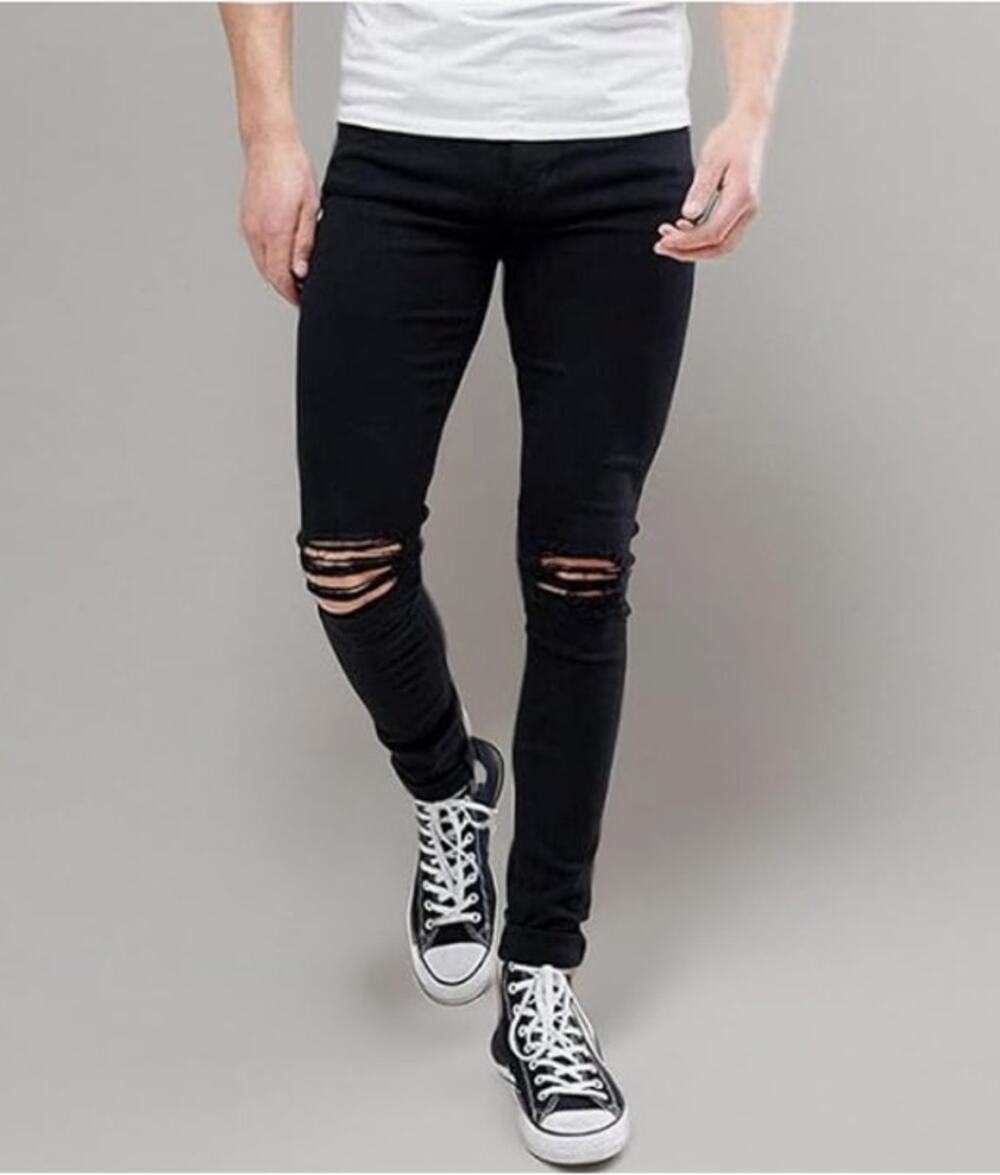 Hungson Men's Streetwear Stretch Black Distressed Jeans Sz 38
